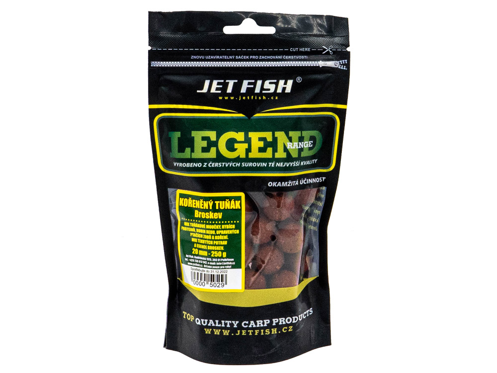 Obrázek k výrobku 54677 - JET FISH Legend Range Boilie KOŘENĚNÝ TUŇÁK BROSKEV - Balení: 250 g