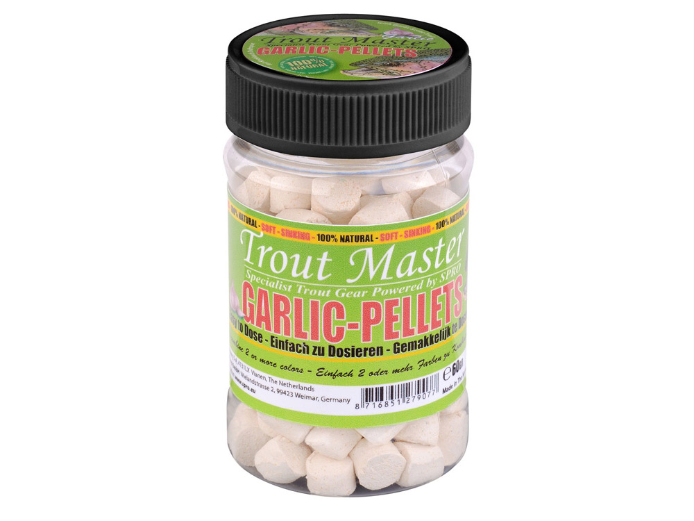 Obrázek k výrobku 68518 - SPRO Pelety na pstruhy Trout Master Garlic Pellets 60 g - Barva: bílá, Balení: 60 g, Příchuť: česnek