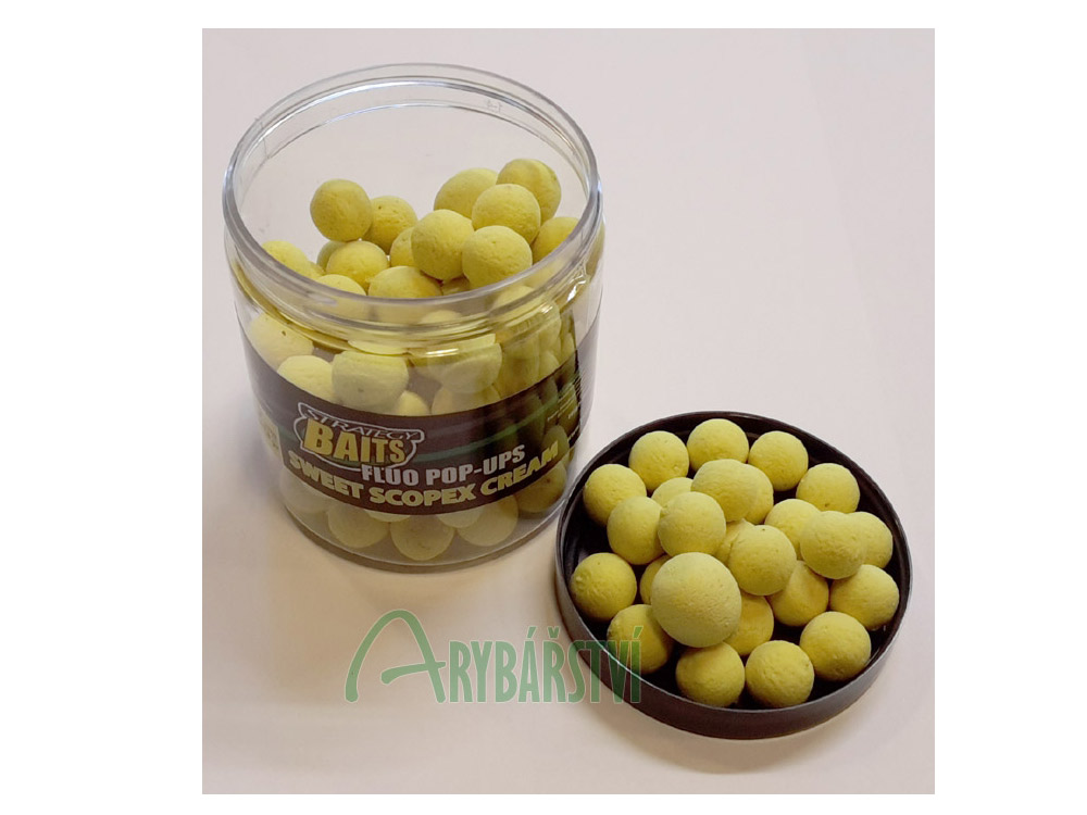 Obrázek k výrobku 69183 - STRATEGY BAITS Plovoucí boilies Fluo Pop-Ups 100 g - Průměr: 12 mm, Balení: 100 g, Příchuť: Sweet Scopex Cream / scopex smetana