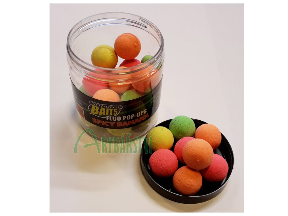 Obrázek k výrobku 69185 - STRATEGY BAITS Plovoucí boilies Fluo Pop-Ups 100 g - Průměr: 20 mm, Balení: 100 g, Příchuť: Spicy Banana / kořeněný banán