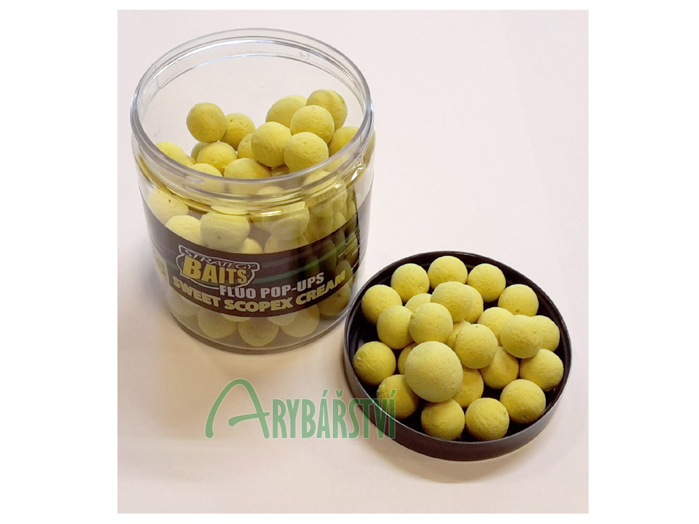 Obrázek k výrobku 69184 - STRATEGY BAITS Plovoucí boilies Fluo Pop-Ups 100 g - Průměr: 20 mm, Balení: 100 g, Příchuť: Sweet Scopex Cream / scopex smetana