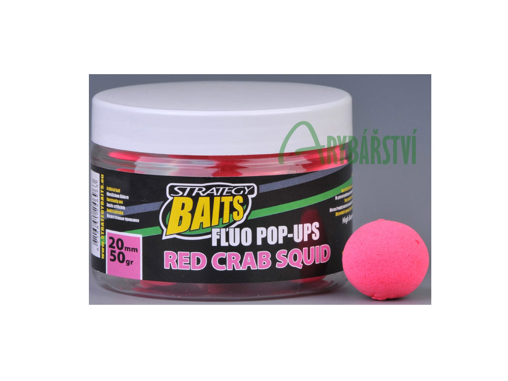 Obrázek k výrobku 69189 - STRATEGY BAITS Plovoucí boilies Fluo Pop-Ups 12 mm 50 g - Průměr: 12 mm, Balení: 50 g, Příchuť: Red Crab Squid / krab oliheň