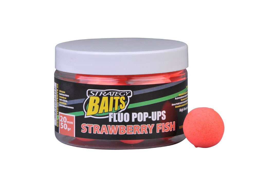 Obrázek k výrobku 69190 - STRATEGY BAITS Plovoucí boilies Fluo Pop-Ups 12 mm 50 g - Průměr: 12 mm, Balení: 50 g, Příchuť: Strawberry Fish / jahoda ryba