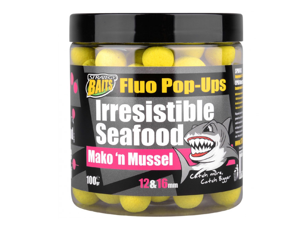 Obrázek k výrobku 69198 - STRATEGY BAITS Plovoucí Boilies POP16/12 IRRESISTIBLE SEAFOOD 100 g - Průměr: 12+16 mm, Balení: 100 g, Příchuť: Mako