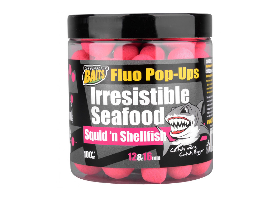 Obrázek k výrobku 69195 - STRATEGY BAITS Plovoucí Boilies POP16/12 IRRESISTIBLE SEAFOOD 100 g - Průměr: 12+16 mm, Balení: 100 g, Příchuť: Squid