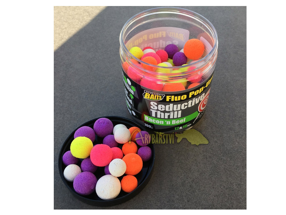 Obrázek k výrobku 69205 - STRATEGY BAITS Plovoucí Boilies POP16/12 SEDUCTIVE THRILL 100 g - Průměr: 12+16 mm, Balení: 100 g, Příchuť: Bacon