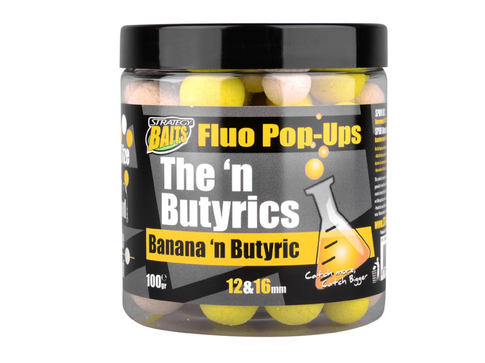 Obrázek k výrobku 69210 - STRATEGY BAITS Plovoucí Boilies POP16/12 THE N BUTYRIC 100 g - Průměr: 12+16 mm, Balení: 100 g, Příchuť: Banana