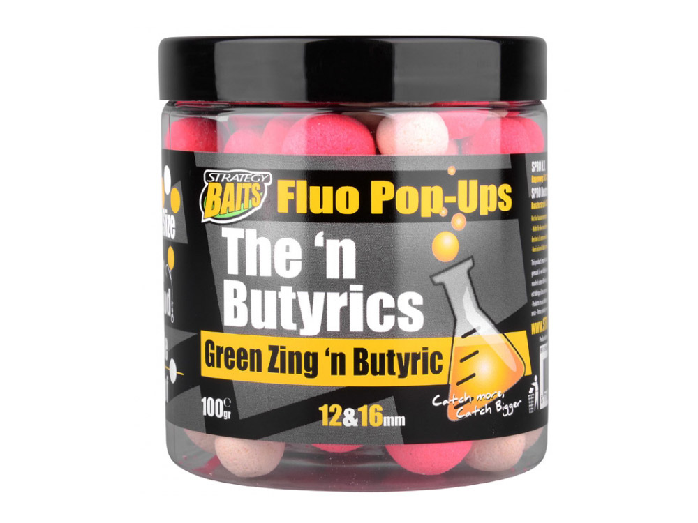 Obrázek k výrobku 69207 - STRATEGY BAITS Plovoucí Boilies POP16/12 THE N BUTYRIC 100 g - Průměr: 12+16 mm, Balení: 100 g, Příchuť: Green Zing 