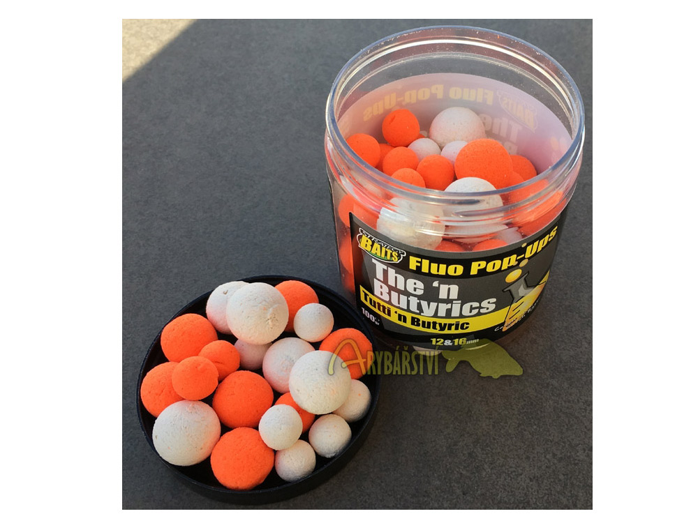 Obrázek k výrobku 69211 - STRATEGY BAITS Plovoucí Boilies POP16/12 THE N BUTYRIC 100 g - Průměr: 12+16 mm, Balení: 100 g, Příchuť: Tutti
